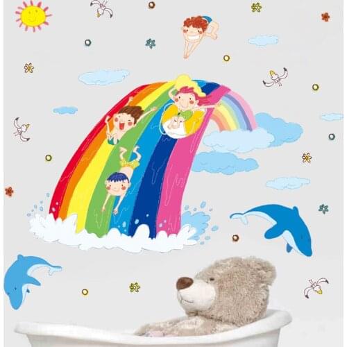 Colorful Beautiful Rainbow Cartoon PVC Wall Sticker Wave Clouds Dolphin For Girls bedroom Kids Room Decals Art mural decoration