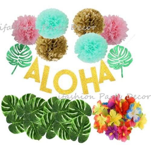 Luau Party Decorations Aloha Banner Tropical Palm Leaves Hibicus Flowers Paper Pom Poms Gold Confetti Latex Birthday Hawaiian