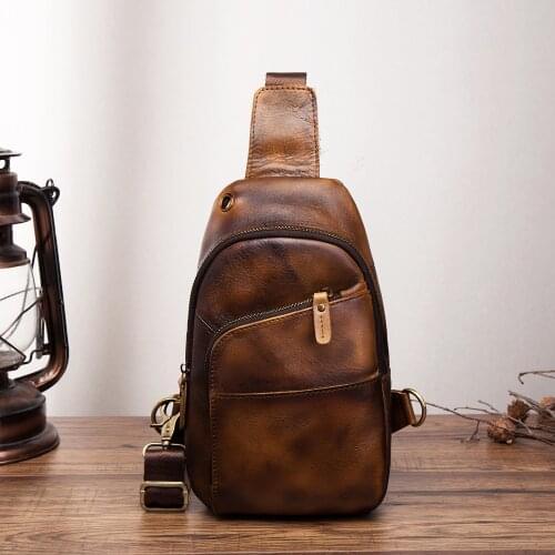 Men Quality Leather Casual Triangle Chest Sling Bag 8" Tablet Design One Shoulder Bag Fashion Crossbody Bag Daypack Male 8010l
