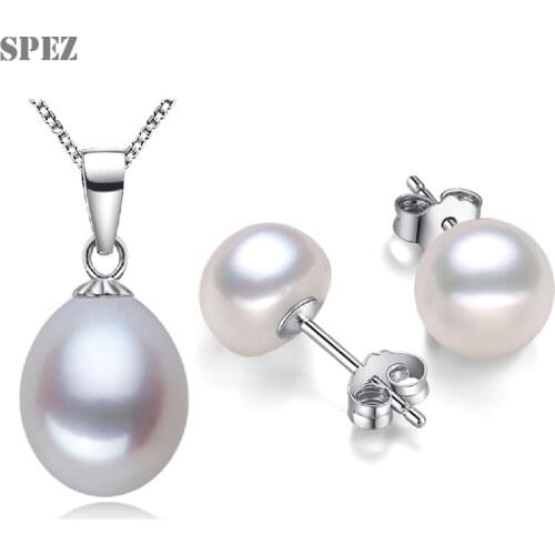 925 Silver Pearl Set 100%Natural Freshwater Pearl Sterling Silver Necklace Stud Earrings For Women Jewelry Gift SPEZ