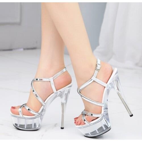 New Hot Women Shoes Platform Sandals Super High Heels 15CM Waterproof Female Transparent Crystal Wedding Shoes Model Dress Shoes