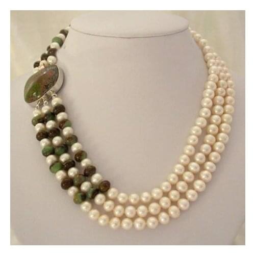 New Arriver Pearl Jewellery,Classic 3 Rows 7-8mm White Freshwater Pearls Green Ja-de Necklace,Perfect Women Chirtstmas Gift