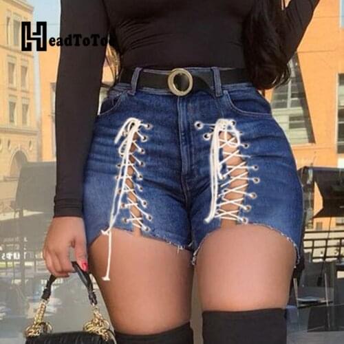 Solid Criss Cross Hallow Out Lace Up Sexy Streetwear Jeans Woman High Waist Woman Shorts