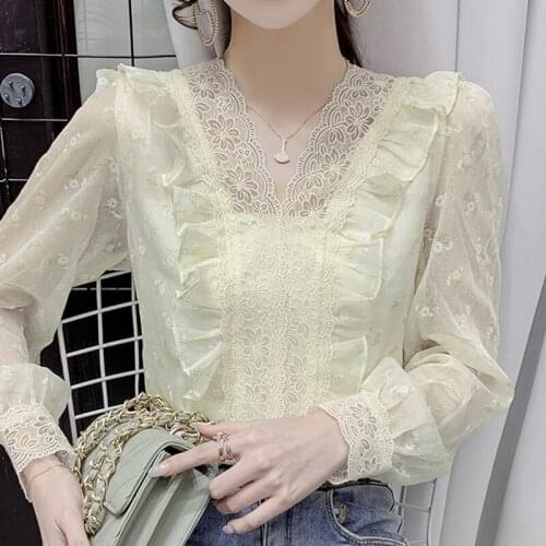 Autumn Long Sleeve Blouse Women Ruffles V-Neck Lace Chiffon Blouse Shirt Tops Women Blusas Mujer De Moda 2021 Blouses Femme F103