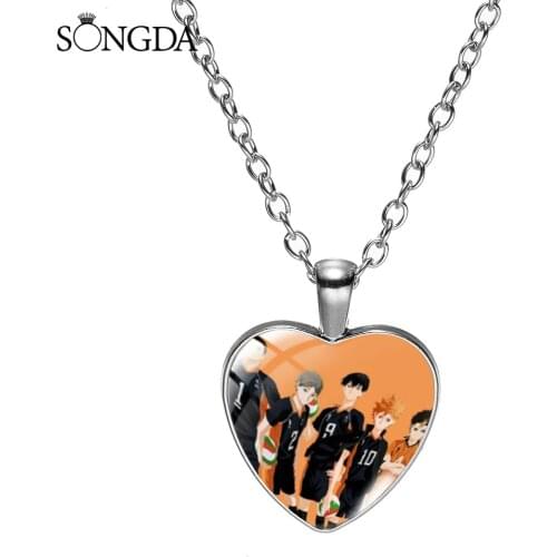 High School Volleyball Manga Haikyuu Necklace Hinata Shoyo Kageyama Tobio Anime Glass Cabochon Heart Pendant Fashion Necklaces