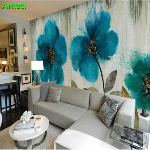 Custom 3d hand-painted fresco European vintage two blue poppies flower oil painting TV background wall painting