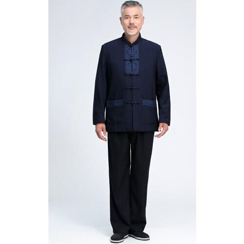 Shanghai Story Blend Linen Chinese Traditional Uniform Top Kungfu Shirt + Pants Autumn Winter for Men