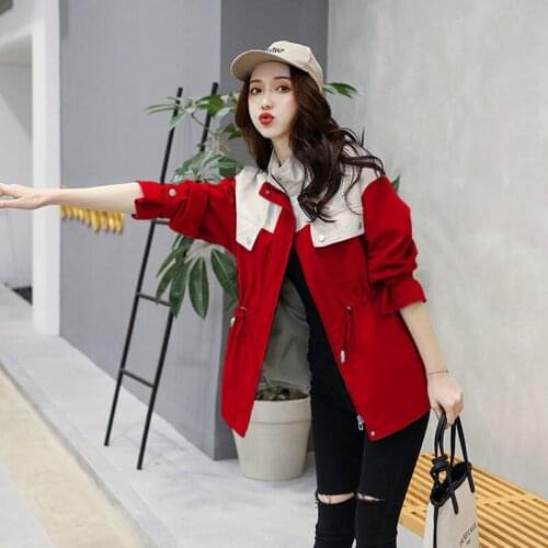 Womens Fashion Spring Autumn New 2021 Korean Loose Zippers Thin Color Matching Trench Coat Top Drawstring Waist Gabardina Mujer