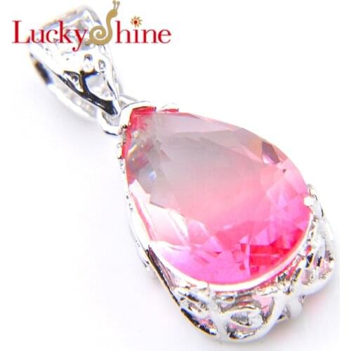 Luckyshine Women Jewelry Gradient Pink Bi-Colored Tourmalin Crystal Zirconia Silver Wedding Pendant Necklace With Chain