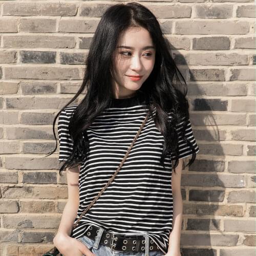 2021 Women Summer T-Shirt New Korean Fashion Harajuku Slim Round-Neck Short Sleeve Loose Top Stripe Casual Black T-Shirt YM250