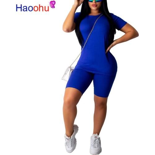 HAOOHU 2 Piece Set 2019 Women Tracksuit Festival Top and Biker Shorts Sweat Suit Two Piece Matching Set Neon Sexy Club Outfits