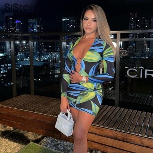 Sisterlinda Sexy V Neck Low Chest Bodycon Mini Dress Women Leaves Print Hollow Long Sleeve Y2K Club Night Party Clubwear Clothes