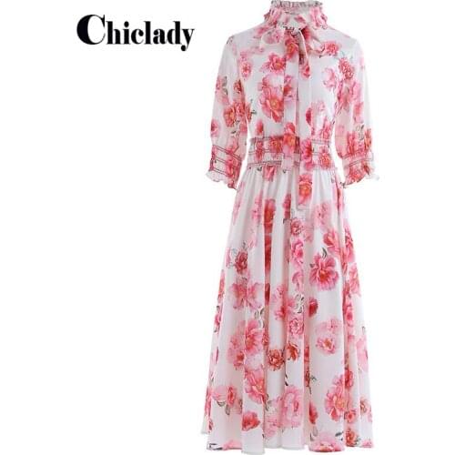 CHICLADY pink floral printed stand collar lace up bow elegant sweet prairie chic midi dresses women fashion clothes festival new
