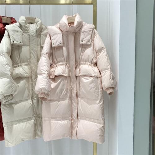 2021 Winter European Style Long Vintage Womens Snow Clothes Hooded Warm White Duck Down Jacket Casual Pockets Parkas