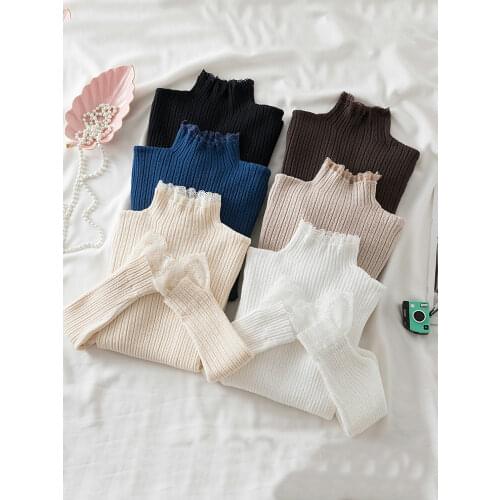 AOSSVIAO 2021 Knitted Women Sweater Pullovers Slim Mock Neck Lace Autumn Winter Basic Women Sweaters Slim Fit Jumpers top