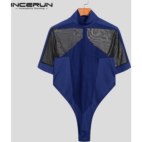 Men Bodysuit Tee Tops Mesh Patchwork Turtleneck Short Sleeve Undershirt Men See Through 2021 Sexy Bodysuits T Shirts INCERUN 5XL