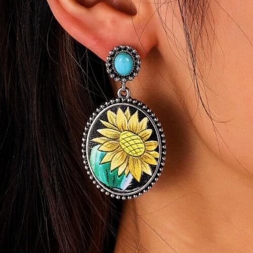 Bohemia Sunflower Turquoises Dangle Earrings for Women Chunky Waterdrop Pendant Earrings Geometric Natural Stone Boho Jewelry