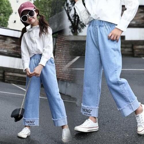 Girl Spring Fashion Jeans Children Stylish Letter&White Label Turn-Up Loose Denim Trousers Kids Clothing Child Clothes For Girl