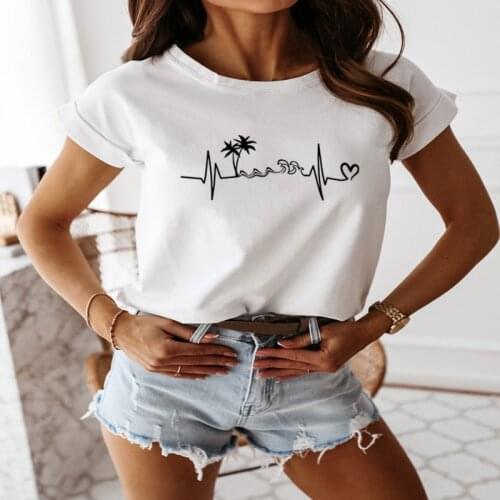Summer Coconut Tree Waves Heart Print T-Shirts Women Graphic Tee Aesthetic Short Sleeve Harajuku Shirt Feminist Mujer Camisetas