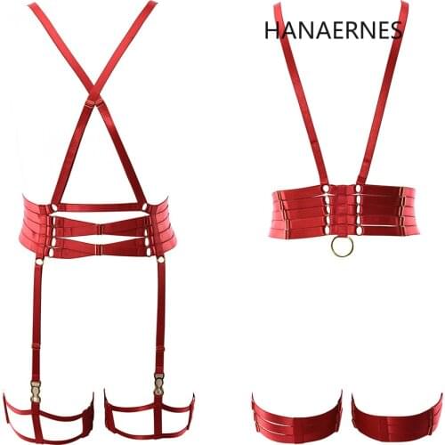 HANAERNES Lace-up underwear red top halloween carnival ladies elastic waistband garter hollow punk goth body suspender bra set