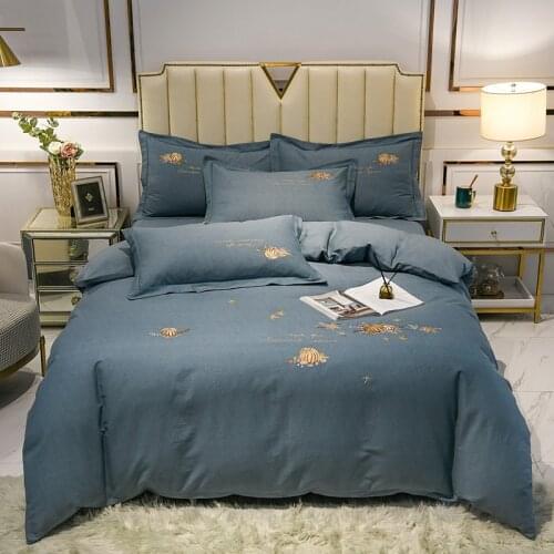 60S Satin Long Staple Cotton Bedding Set Texture Embroidered Solid Color Soft Duvet Cover Bed Linen Pillowcases King Queen Size