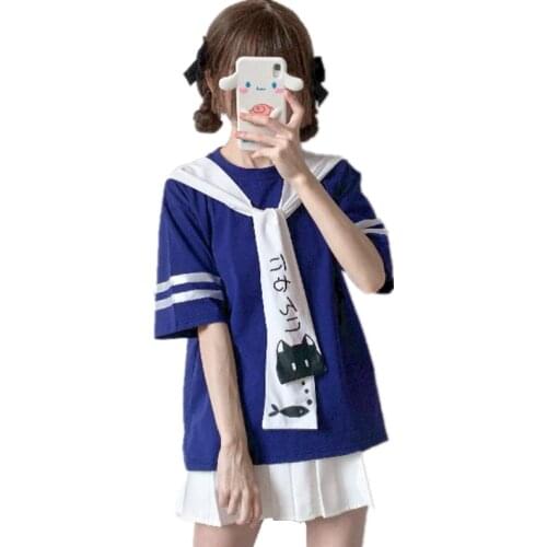 Summer Women Cartoon Cat Fish Print Tshirt Short Sleeve O Neck Fake Tie Bow Cute T-Shirt Teenager Harajuku Kawaii Tee Shirt Top