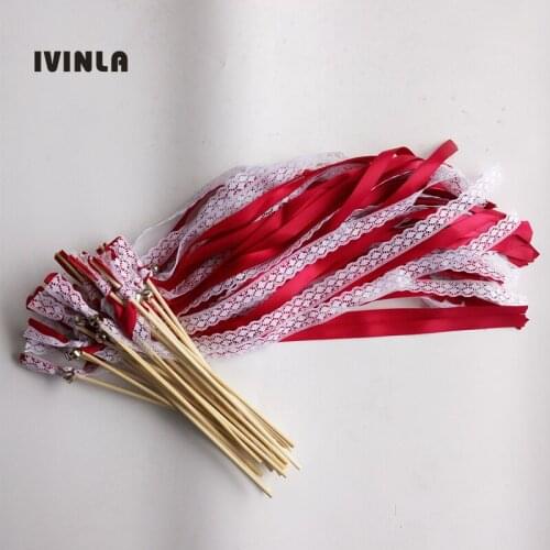 Newest 50pcs/lot red wedding ribbon stick with white lace for wedding decoration
