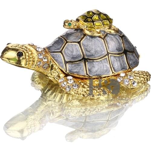 H&D 3inch Turtle Trinket Jewelry Box with Sparkling Crystals,Hinged Trinket Box Hand-painted Figurine Collectible Ring Holder