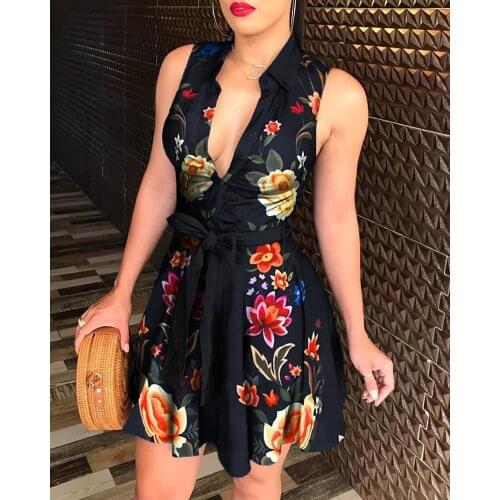Echoine Black Floral Print Mini Dress Elegant Sleeveless V-neck Shirt Dresses with Belt Ruffle Summer Sundress