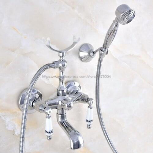 Polished Chrome Wall Mount Bathtub Bathroom Faucet Telephone Style Mixer Faucet Tap with Dual Handle Handshower Nna708