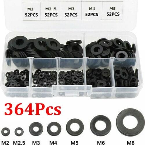 Durable Black Nylon Rubber 364pcs/Set Flat Ring Repair Washer Gasket Comes with A Plastic Box For Metric M2-M8