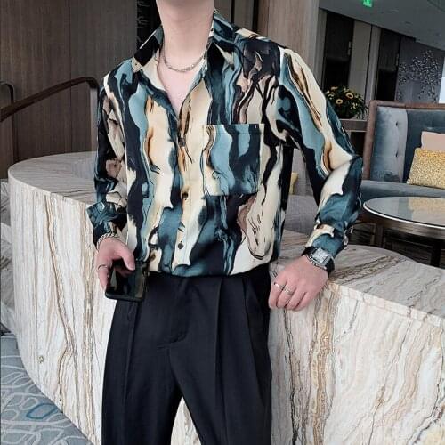 Luxury Retro Printed Shirt Men Fashion Long Sleeve Mens Dress Shirt Loose Streetwear Blouse Party Clubwear Casual Casmia