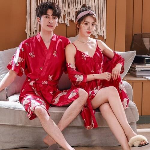 Luxury Red-crowned crane Print Couple Silk Robes Sleepwear Women Soft Bathrobe Oversized Satin Nightgown Man Spring Homewer