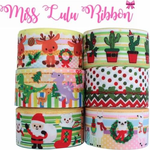 16mm-75mm Christmas Series Cartoon Cactus Elk Dinosaur Alpaca Printed Grosgrain/Foe Ribbon DIY Hair Bowknots 50yards/roll