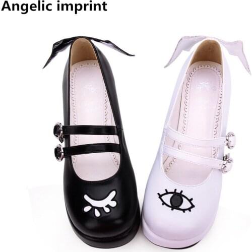 Angelic imprint woman mori girl lolita cosplay shoes lady mid heels pumps women princess dress party shoes 33-47 wings eyes 5cm