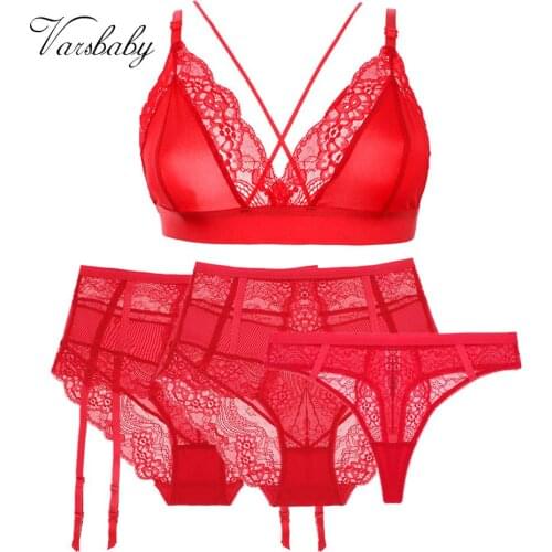 Varsbaby Sexy Deep V Unlined Wire Free Bra+Thong+Panties 4Pcs Y-lined Beauty Back Underwear Ultra-Thin Lingerie Set