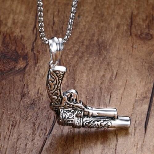 Vintage Gun Style Necklace for Men Silver Color Tone Stainless Steel Male Punk Jewelry