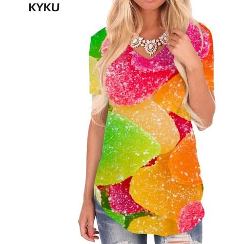 KYKU Candy T-shirt women Colorful V-neck Tshirt Rainbow Funny T shirts Gradient Tshirts Printed Womens Clothing Punk Rock Loose