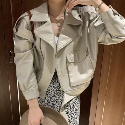 2021 Spring Autumn Women Short Faux PU Leather Jacket Chaqueta Mujer Fashion Big Pocket Loose Streetwear Biker Outerwear Female