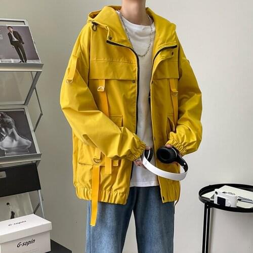 Men Hooded Jackets Solid Harajuku Windbreaker Ribbons Overcoat Male Casual Outwear Hip Hop Streetwear Coats Men