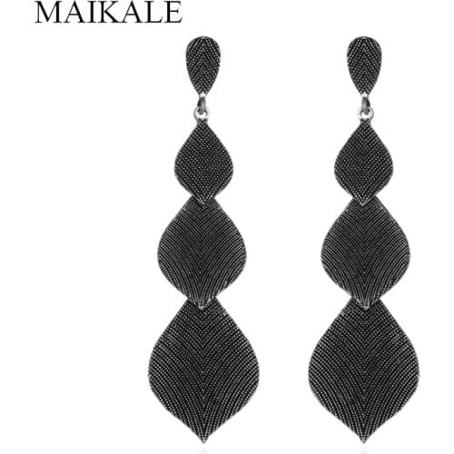 MAIKALE Vintage Alloy Leaf Long Drop Earrings for Women Black Color Hanging Exaggerated Big Tassels Earring Party Jewelry Gifts