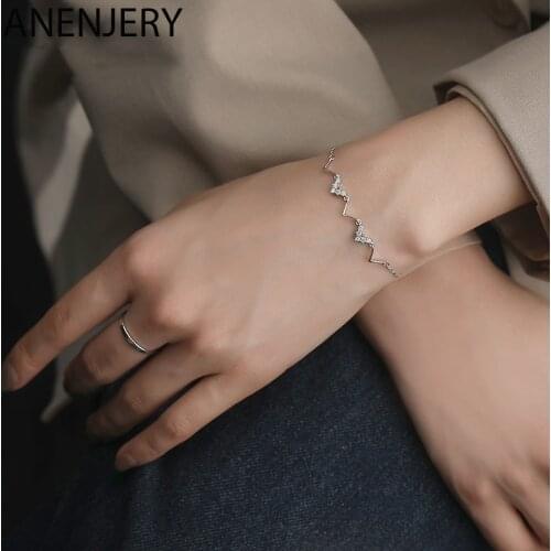 ANENJERY 925 Sterling Silver Wave Pattern Cubic Zircon Bracelet For Women Adjustable Link Chain Bracelet Gift S-B148