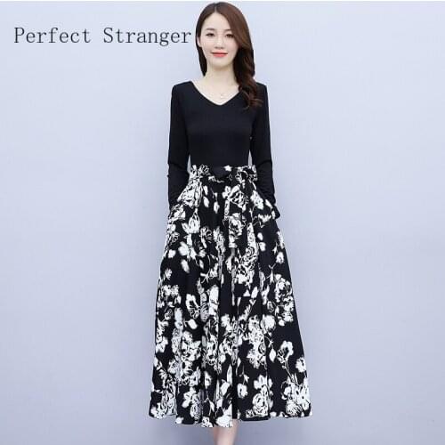 2021 Autumn New Arrival High Quality Retro V Collar Printed Long Sleeve Collect Waist Lady Long Dress Clothing Women