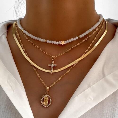 New Bohemia Crystal Cross Portrait Multilayer Metal Twisted Chain Necklaces For Women Handmade White Glass Beaded Choker Jewelry