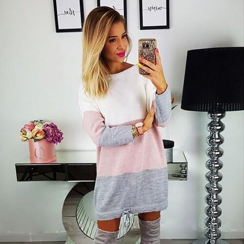 New Patchwork Design Women Sweater Crew Neck Casual Loose Pullover Dress Falbala Long Sweater Knitted Dress Sweatshirt