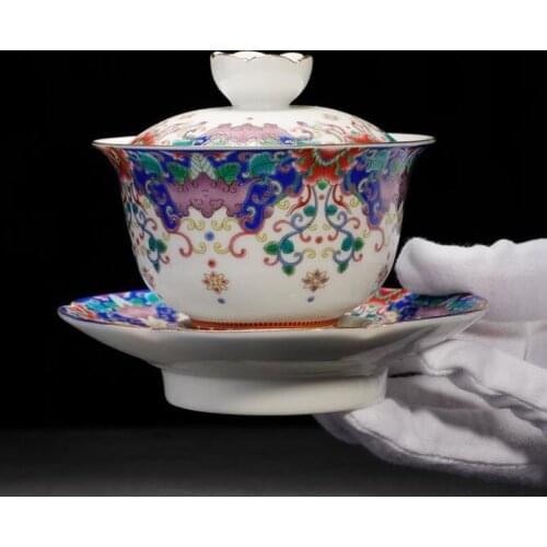 150ml Jingdezhen Enamel Gaiwan Ceramic Porcelain Drinkware Office Kung Fu Tea Set Master Tea Bowl with Saucer Lid Creative Gifts