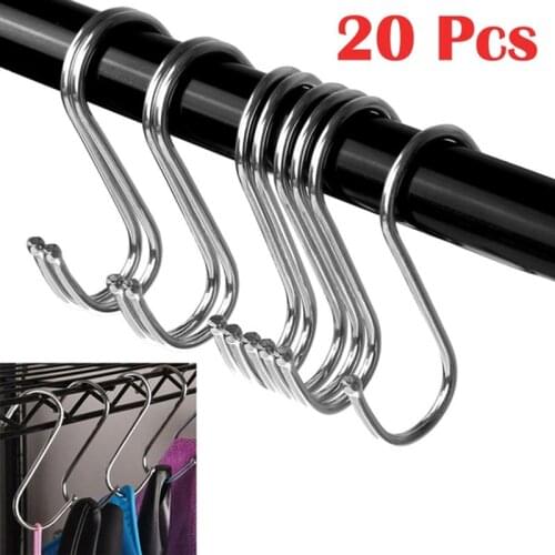 20Pcs S Shaped Hooks Clasp Stainless Steel Railing S Hanging Storage Hook For Pots Pans Bags Cups Clothes Organizer Holder Tools