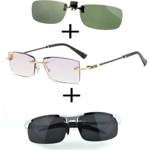 3Pcs!!! Rimless Frameless Luxury Reading Glasses for Men Women + Polarized Sunglasses Alloy Sports Driving + Sunglasses Clip