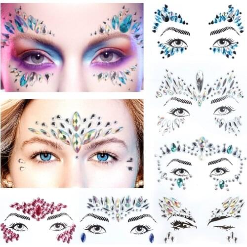 3D Sexy Face Tattoo Stickers Temporary Glitter Tattoos Music Festival Trendy Shiny Acrylic Crystal Sticker Temporary Sticker