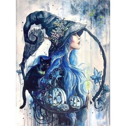 Witch Cat Pumpkin Diamond Painting Round Full Drill Portrait DIY Mosaic Embroidery 5D Cross Stitch Home Decor Gifts XN1461